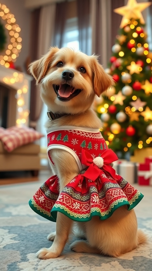 A dog in a Christmas dress with red and green patterns, standing in a festive living room.